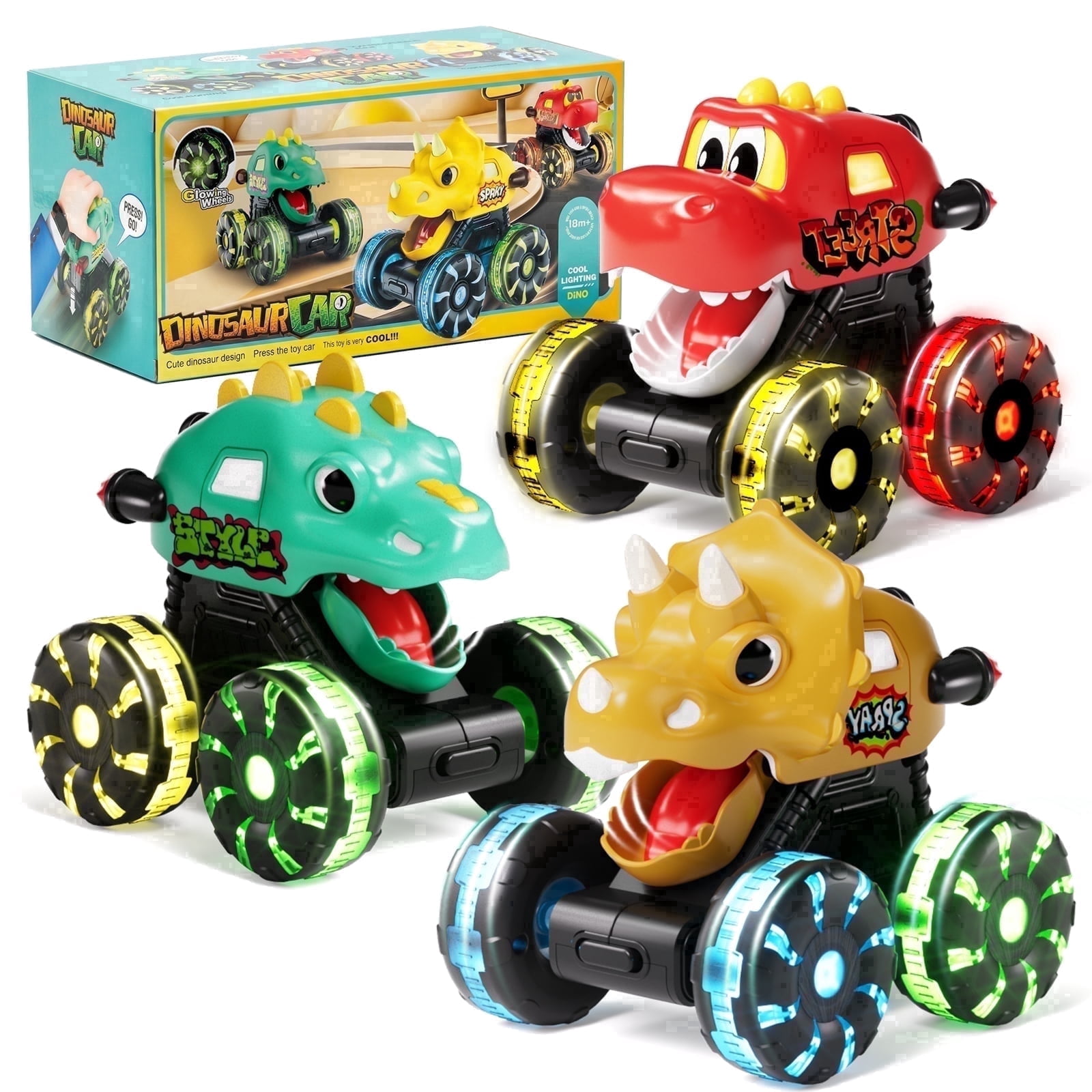 Dimoarch Boys Dinosaur Trucks Toys for 1 2 3 Years Old, Toddlers Toys Press & Go Cars and Trucks Toys with LED Wheel for Boys Ages 2 3 4, Birthday Gifts for Baby