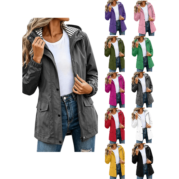Jackets for Women Nelozsy Women solid color waterproof outdoor hiking drawstring long sleeved double pocket hooded windbreaker jacket top Gray XXL