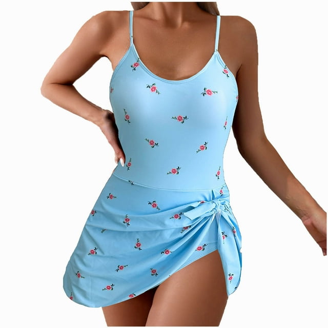 baikeli Maillot de Bain une Pièce pour Femme Col Ras du Cou Imprimé Floral Découpes Bretelles Spaghetti Nœuds Latéraux Robe de Bain Tenue de Plage Bleu Ciel, TG