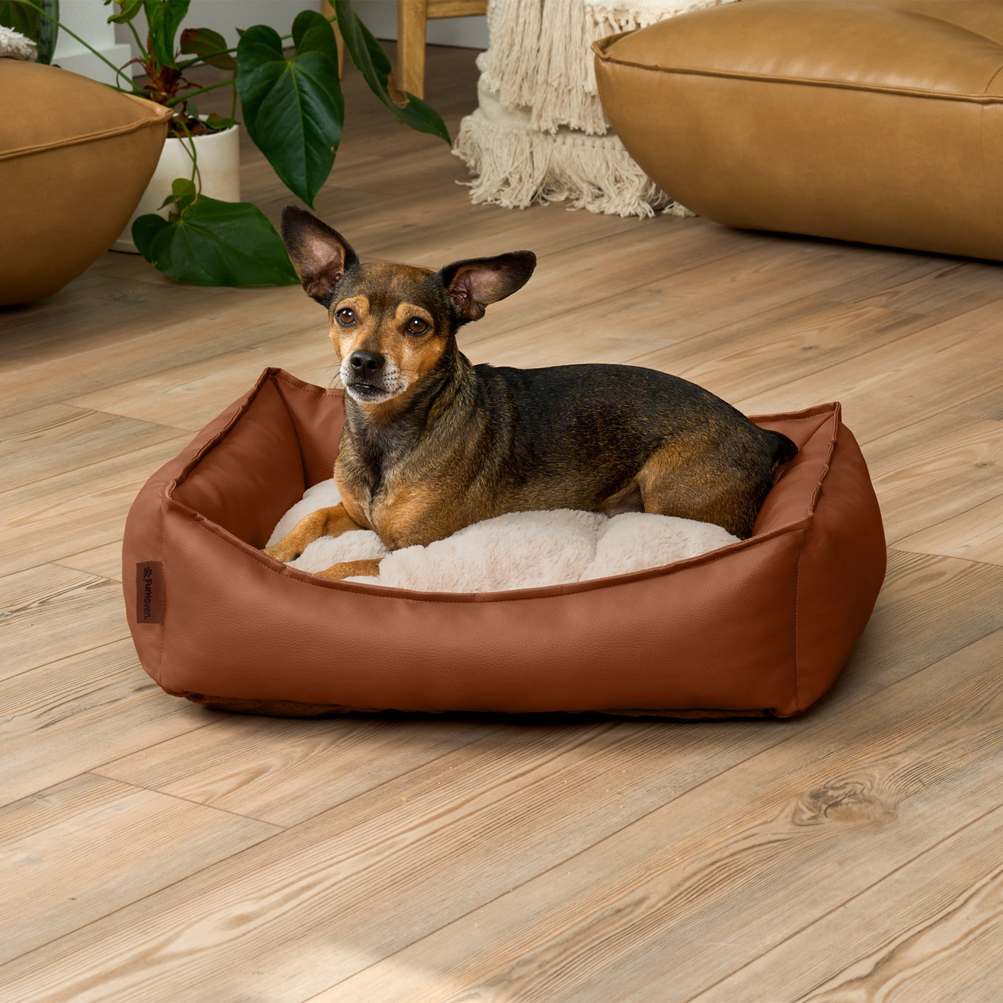 FurHaven Leather Look Cozy Couch Pet Bed for Dogs and Cats - Camel, Small