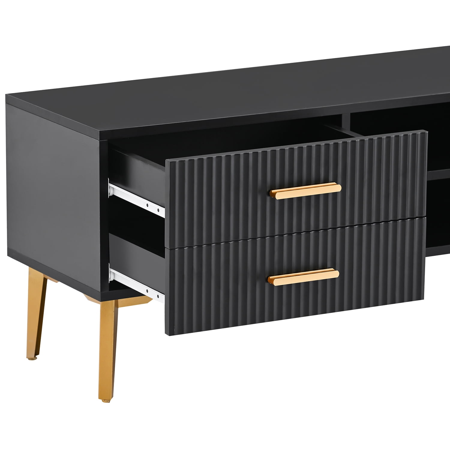 Kadyn Modern Entertainment Center, MDF TV Stand with 5 Champagne legs, Entertainment Center TV Console for TV up to 77", Black