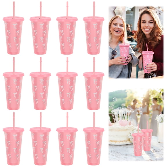 Ikoopy 12 Pcs Pink Bow Plastic Cups with Lids and Straws 24 oz Reusable Bow Tumbler Cute Drinking Coffee Cup for Birthday Wedding Party Supplies