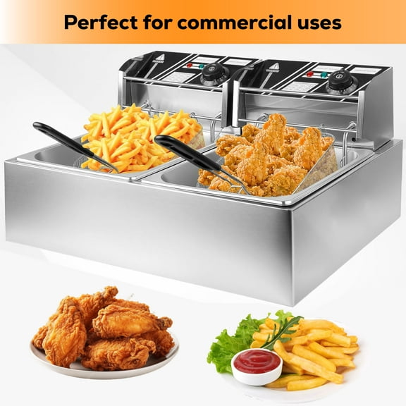 Commercial Double Basket Electric Deep Fryer - 5000W (2500W x 2) 12L Stainless Steel Dual Tank, Adjustable Temp 140°F-392°F for Restaurants, Fast Food, Fried Chicken, Fries, Onion Rings