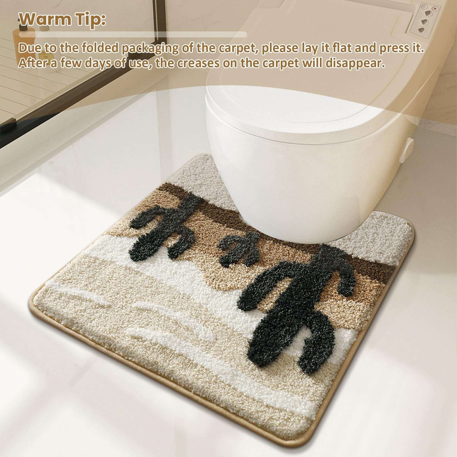 U-Shaped Non-Slip Toilet Mat for Bathroom, 22x20 Inch Desert Cactus Design Bath Rug with Soft Absorbent Microfiber, Machine Washable Beige Brown Floor Mat for Toilet Base