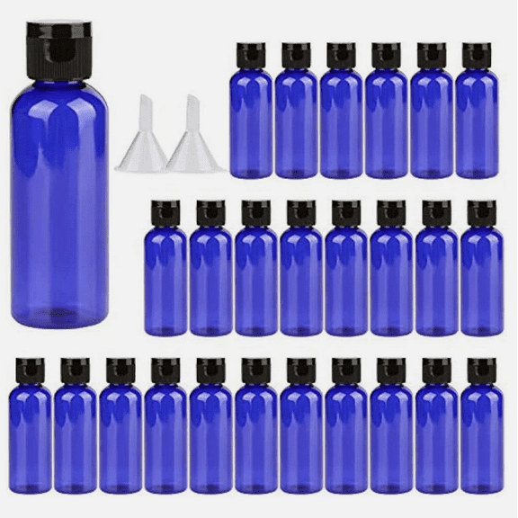 26-Pack 2.7oz Blue Plastic Empty Bottles, Travel Size Bottles with Flip Cap & Funnels.