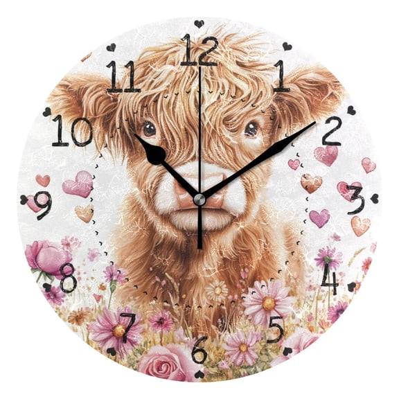 Highland Cow Roses Hearts Valentine Round Wall Clock Silent Analog Battery Operated Black Pointer Home Decor 9.84" Diameter