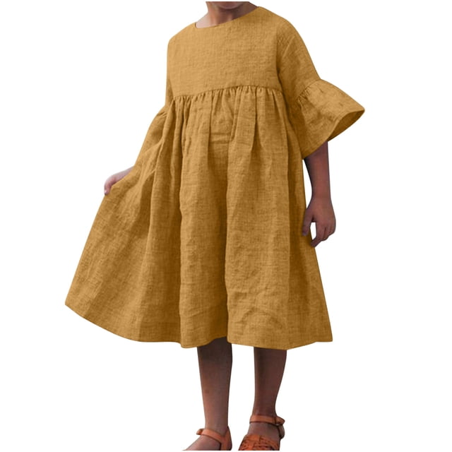 Tranfacy Robe d'Été pour Filles, Robe à Manches Courtes pour Filles, Robe Unie pour Enfants de Moyenne à Grande Taille, Robe Plissée Décontractée à Col Rond à Manches Mi-Longues