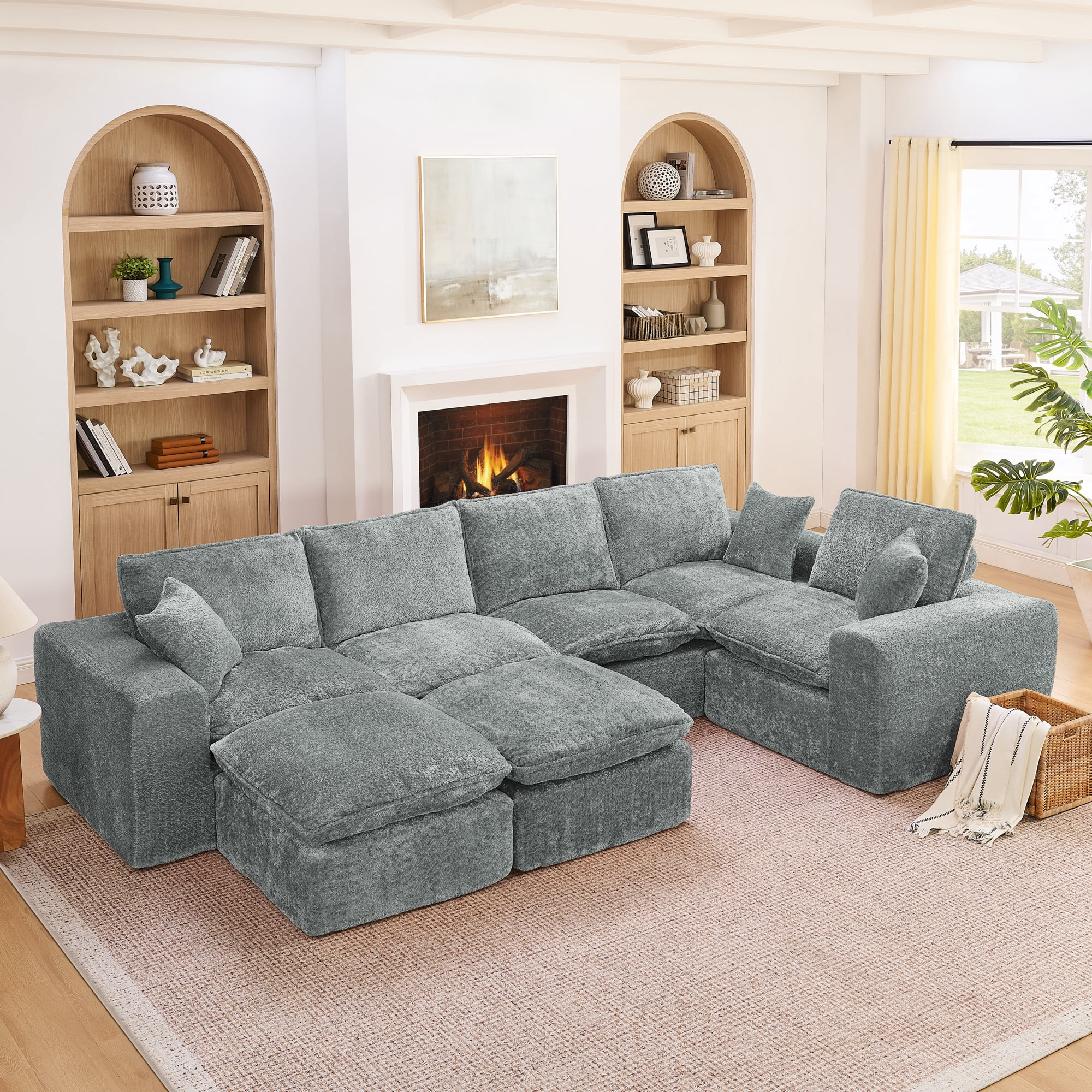 107" L Shaped Sectional Sofa 7 Seat Cloud Couch Boucle Fabric Modular Sofa with Ottoman Deep Seat Comfy Couch for Living Room, Grey