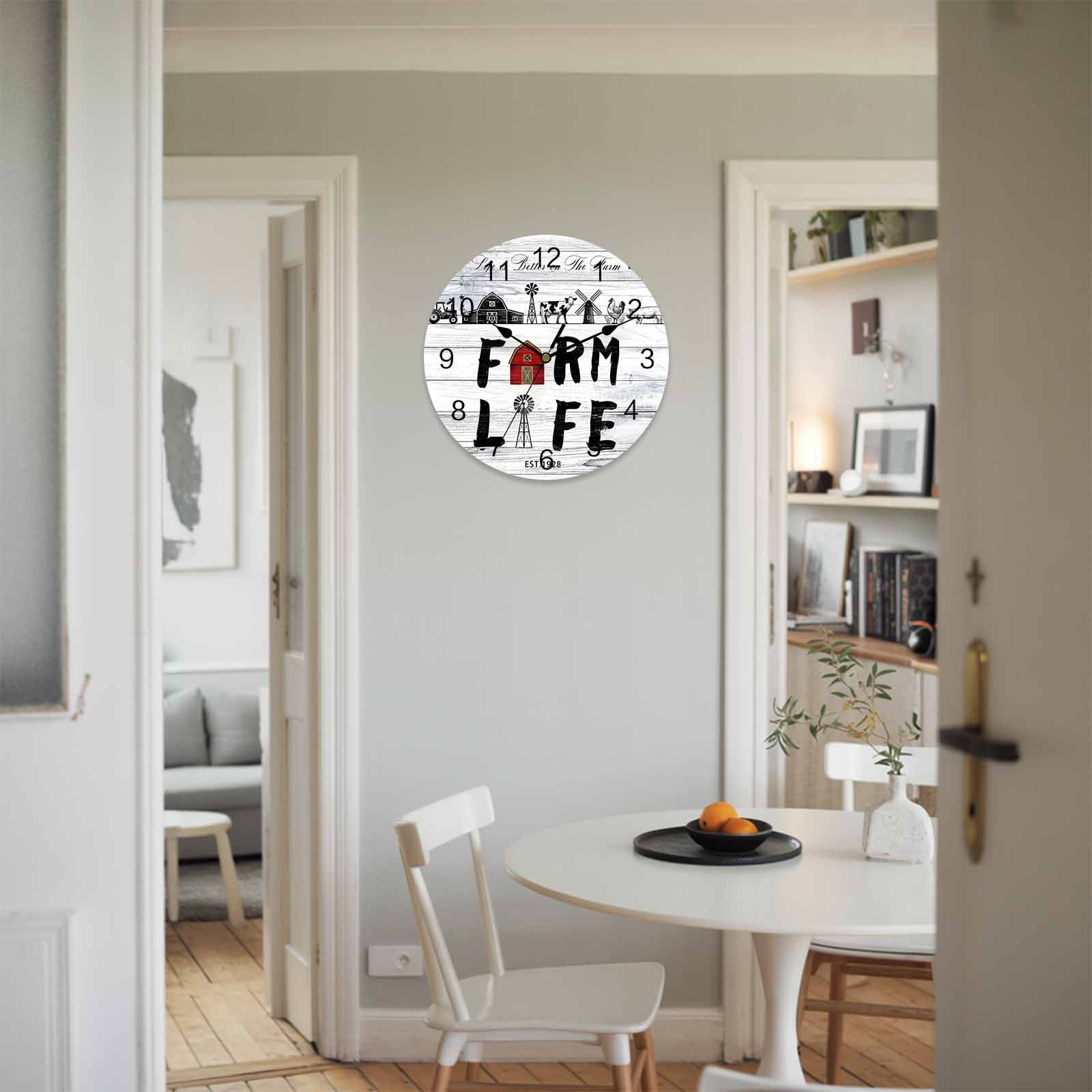 Wall Clock Farm Life Clocks PVC Silent Non-Ticking Battery Operated Decorative Farmhouse Barn Windmill Cow Chicken Tractor Wood Round Clock for Home Living Room Kitchen Bedroom Wall Decor 10 Inch