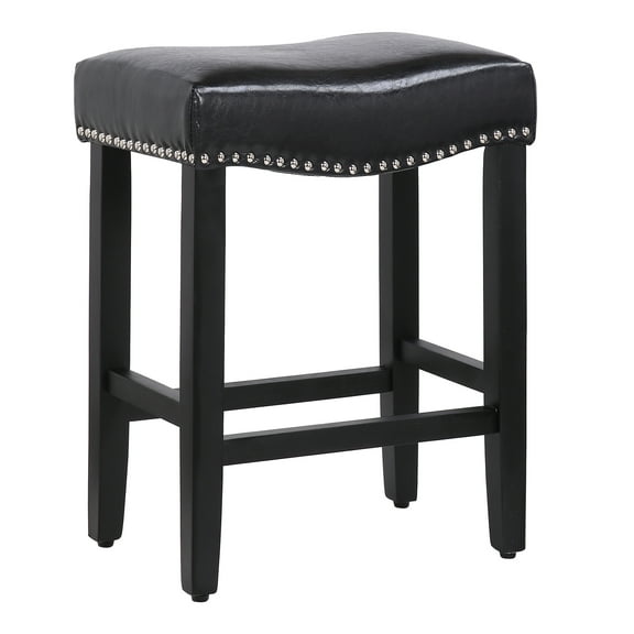 Westin Outdoor Yazan 24" Upholstered Bar Stool with Nail Head Trim, Black/Leather