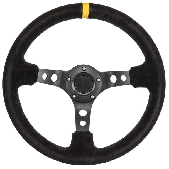 JEGS Aluminum Racing Steering Wheel, 13 1/2 in. Diameter, 3 in. Dish [Black Suede Full Wrap Grip with Yellow Center Marker]