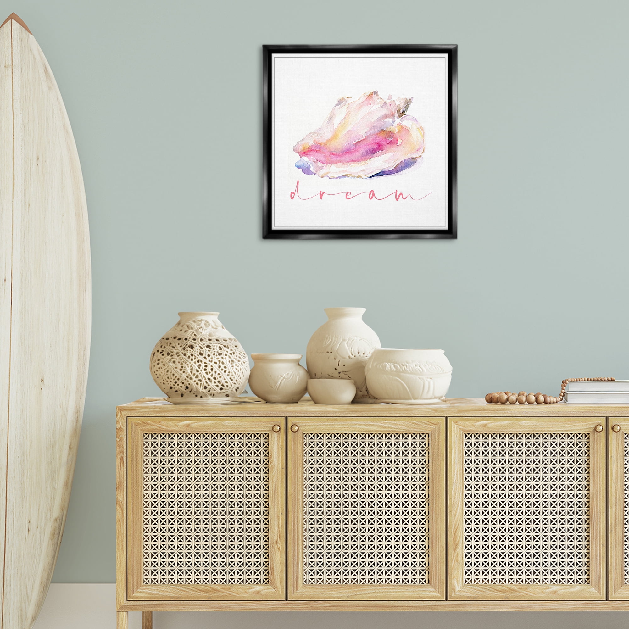 Stupell Industries Conch Dream Phrase Nautical & Beach Painting Black Floater Framed Canvas Art Print Wall Art, 25 x 25