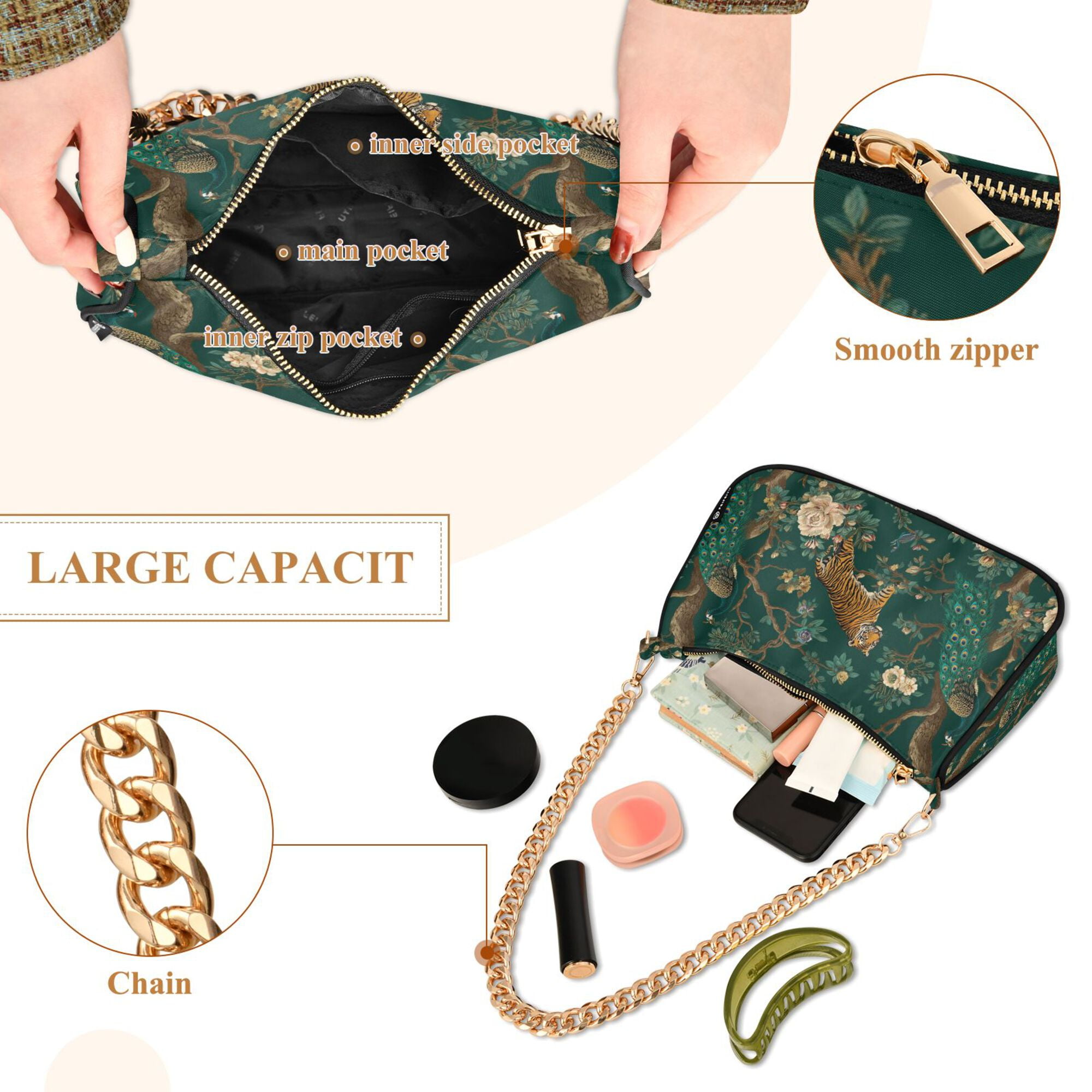 FORMRS Womens Shoulder Bag with Chain Strap Clutch Purse Cute Tote Handbag, Tiger and Peacock Pattern
