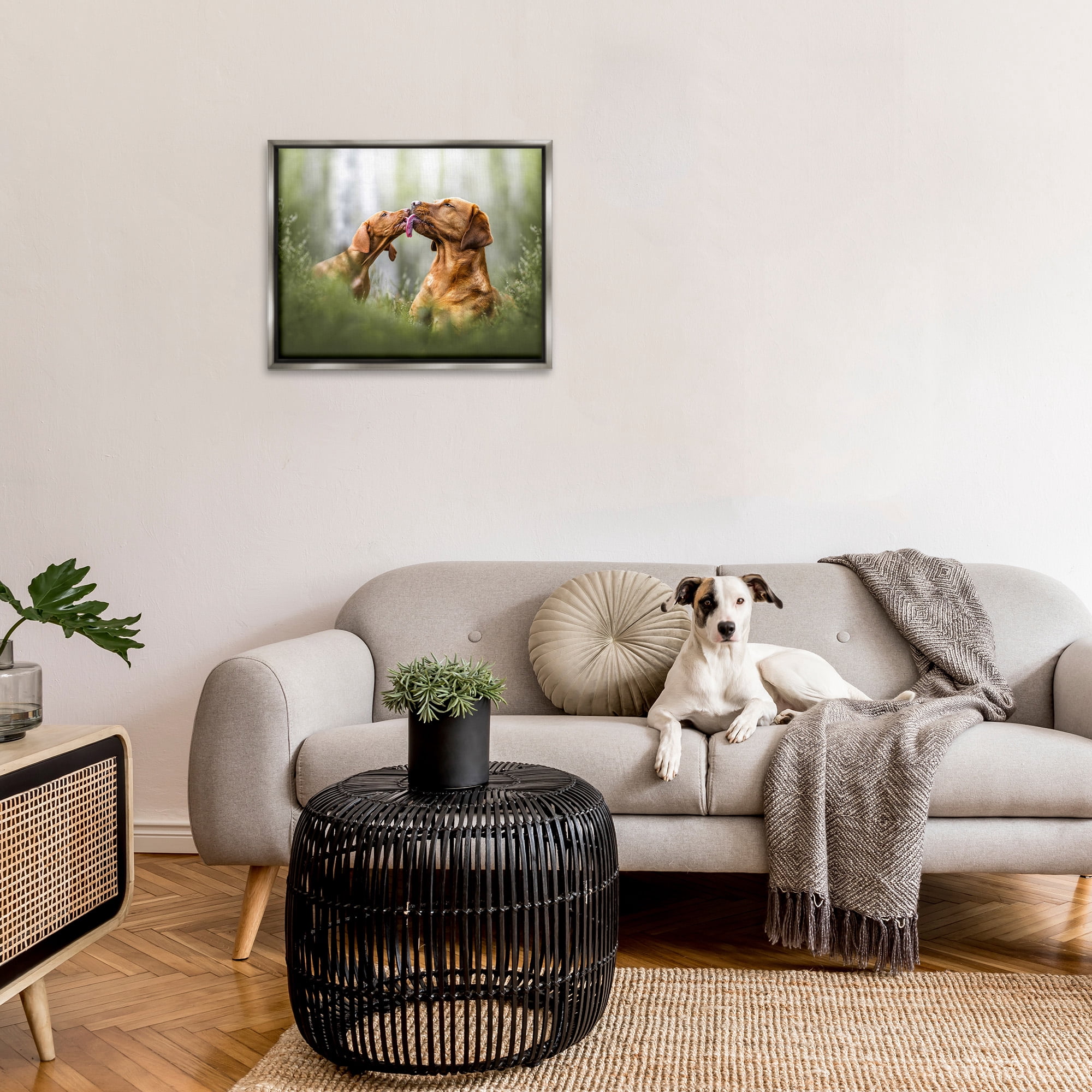 Stupell Industries Playing Puppies in Grass Animals & Insects Painting Gray Floater Framed Canvas Art Print Wall Art, 31 x 25