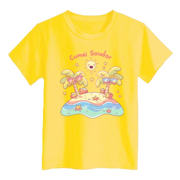 DGQPLPD Girls Crop Tops Girls Casual Island Print T-Shirt Fashion Comfort Fit Top for Beach and Everyday Wear Yellow 8-9 Years