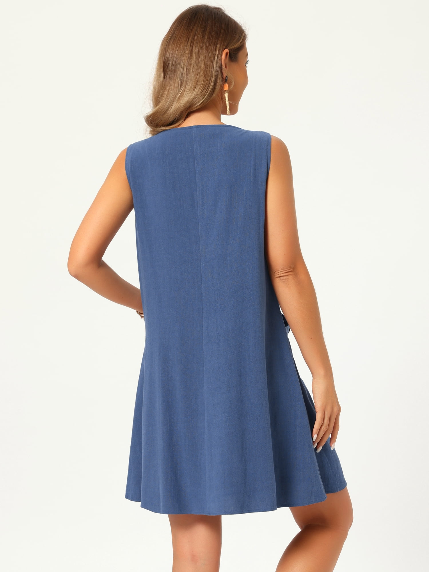 DARING DIVA Women's Linen Sleeveless Sundress Casual Loose Flowy Mini Dress L Dark Blue