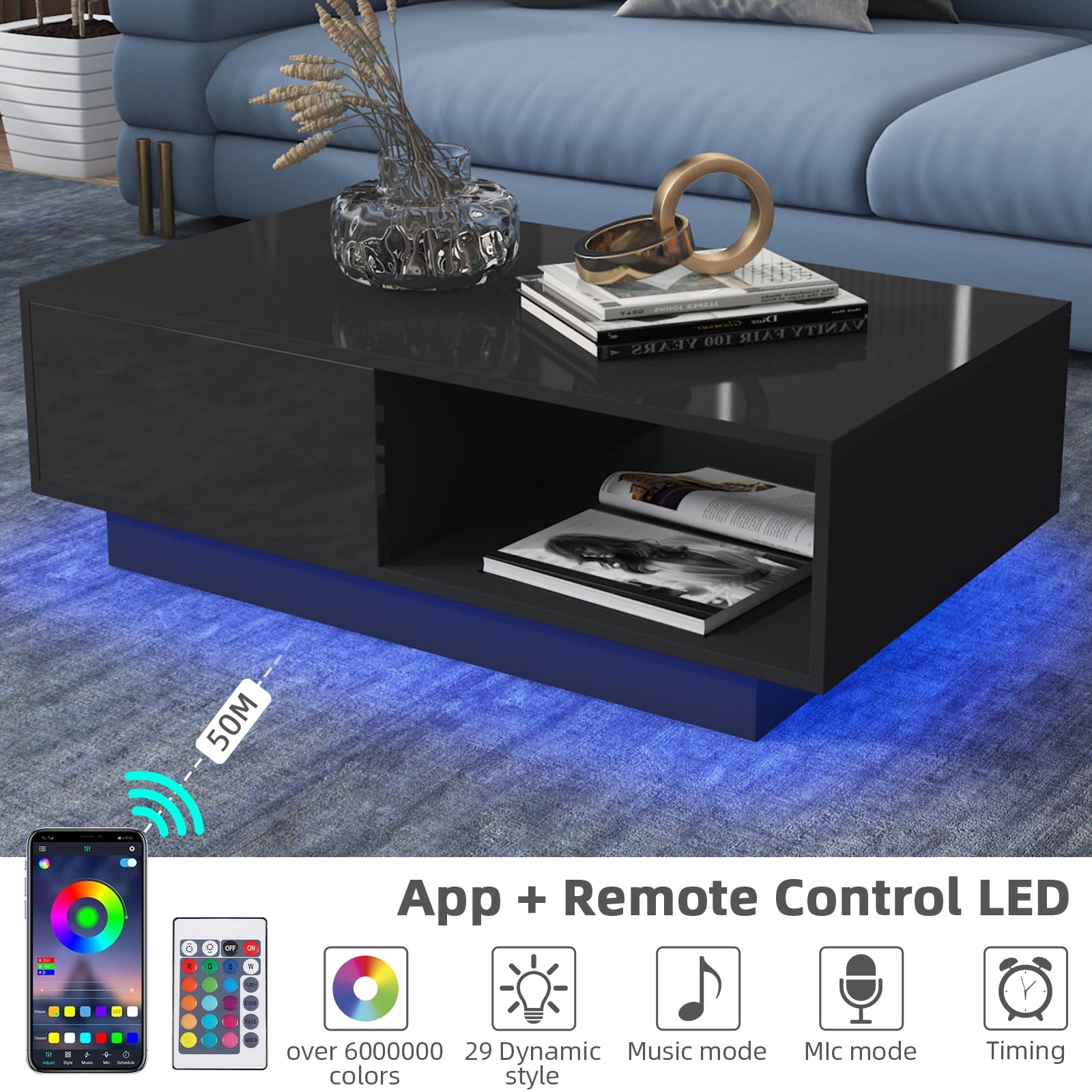 Hommpa LED Coffee Table Modern Side Tables High Gloss Black
