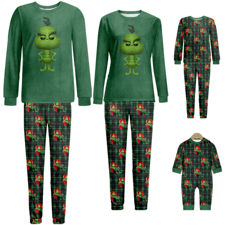 

Family Christmas Pajamas Set The Grinch Plaid Printed Baby-Kids-Adult-Pet Size 2-Piece Top and Pants Bodysuits Pajamas Set