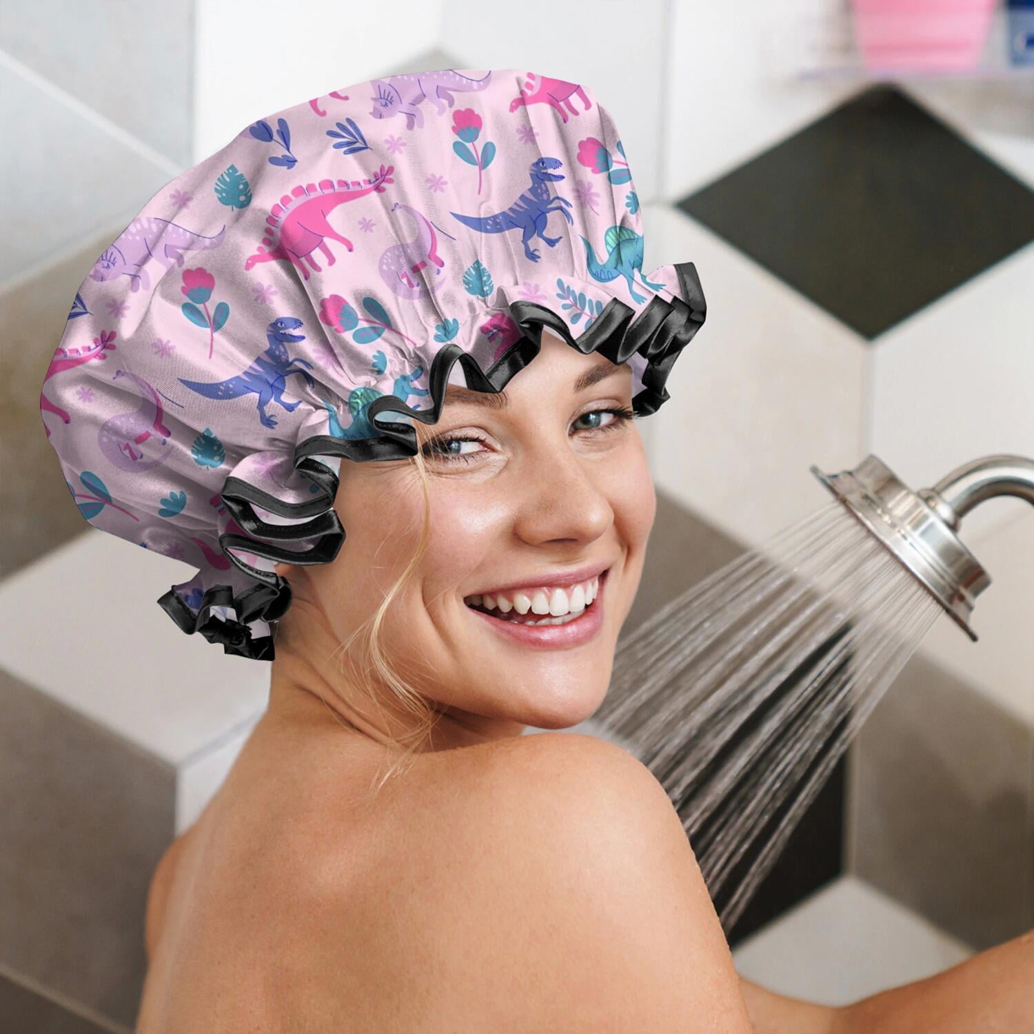 Shower Caps,Pink Dinosaurs Flowers Leaves Pattern Waterproof Shower Cap for Women 4 Pieces,Double Reusable Hair Cover for Shower PEVA Elastic Stretch Hem