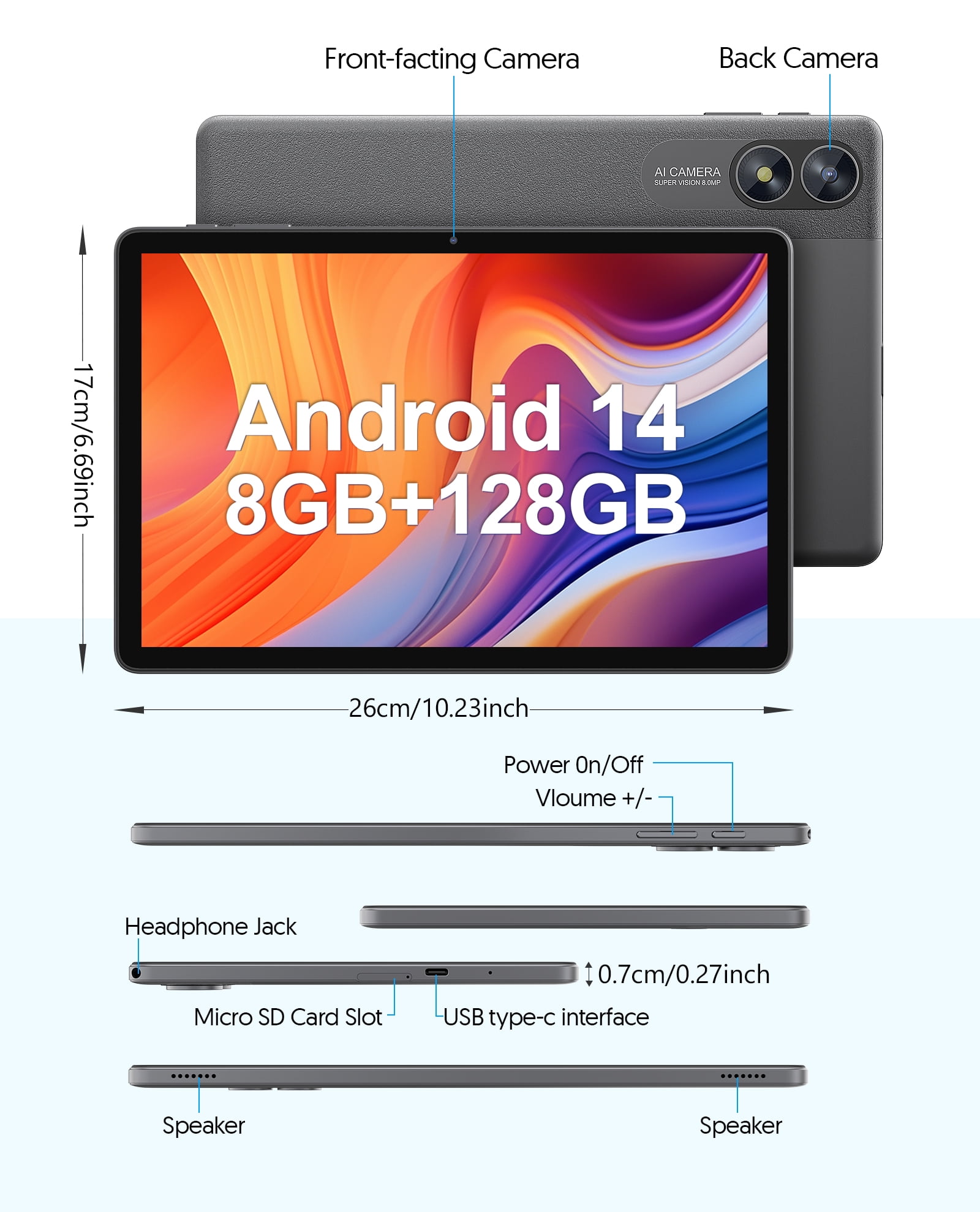 Android 14 Tablet 11 inch Tablets, RAM 128GB + ROM 8(4+4 Expand) GB 1TB Expand, 8000mAh Battery, Octa-Core Processor, 5G Wi-Fi, 2+8MP Dual Camera, Bluetooth, 1280 x 800 FHD IPS Tablet PC