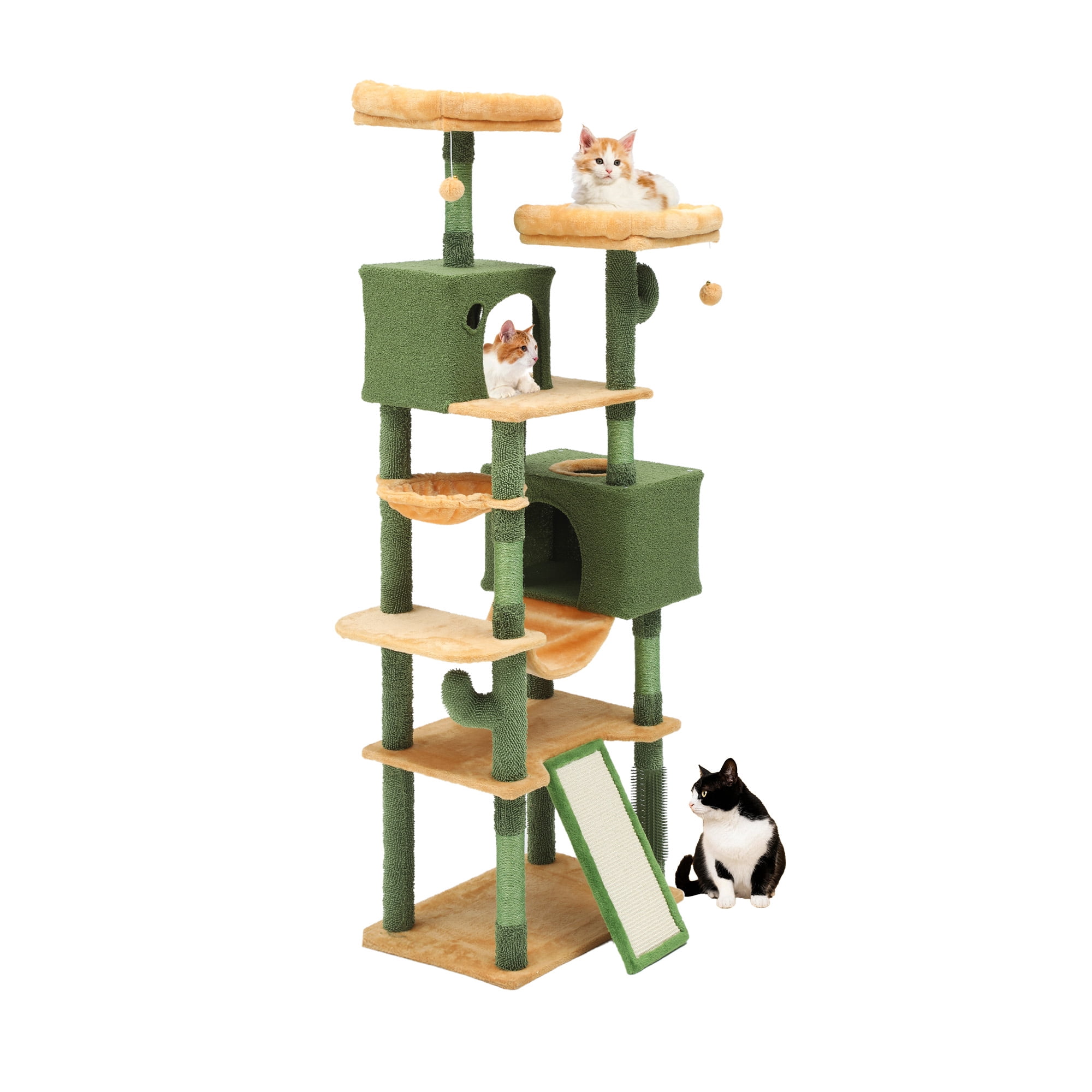 Uforic Large 76" Cactus Cat Tree Tower with Sisal Scratching Posts, Multi-Level Cat House and Condo, Green & Yellow