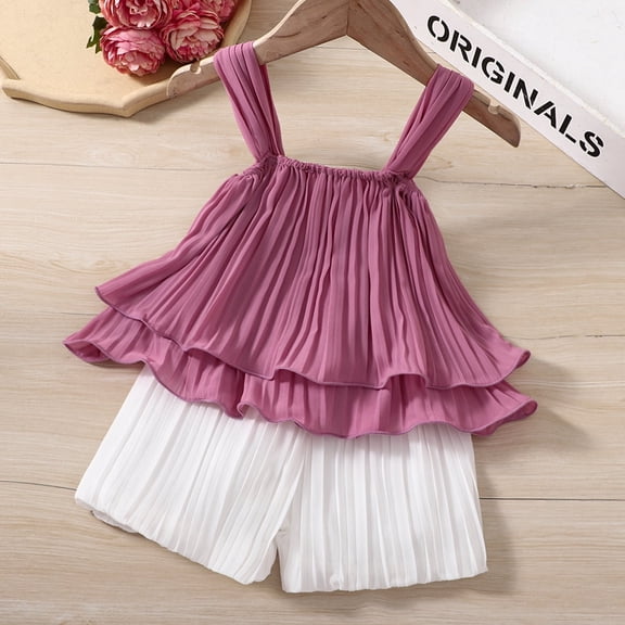 PatPat Toddler Girls Summer Clothes 2pcs Baby Outfit Sets Loose Chiffon Pleated Sleeveless Cami and Shorts Set, Roseo, 9-12M