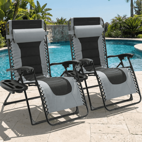 TLSUNNY Oversized Padded Zero Gravity Chair Set of 2, Folding Outdoor Patio Recliner, W/Detachable Pillow & Holder Tray, for Garden, Backyard, Porch