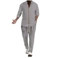 thumbnail image 3 of VBTAPA Mens Linen Sets 2 Piece Long Sleeve Button Down Shirt and Drawstring Long Pants Set Summer Beach Outfits with Pockets Daily Sale Gray L, 3 of 8