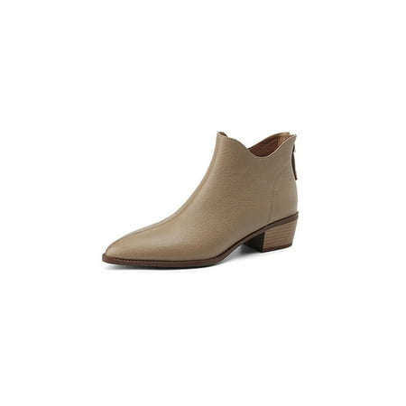 

new ankle boots pointed sheepskin short boots for women Spring and Autumn single boots mid heel short boots for women chunky heel apricot