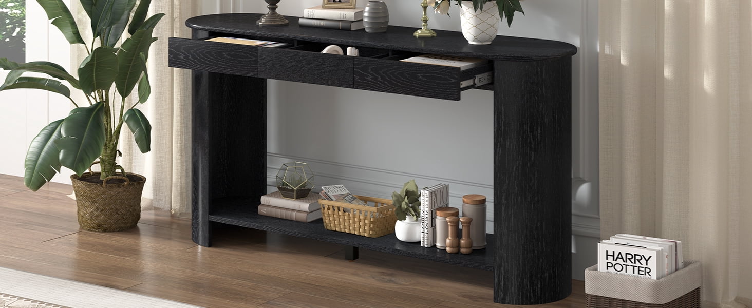 Mintazer 60" Modern Console Table, Entryway Table with 3 Drawers & Open Shelf, Long Sofa Table with Semi-Circular Design for Entryway Living Room, Black