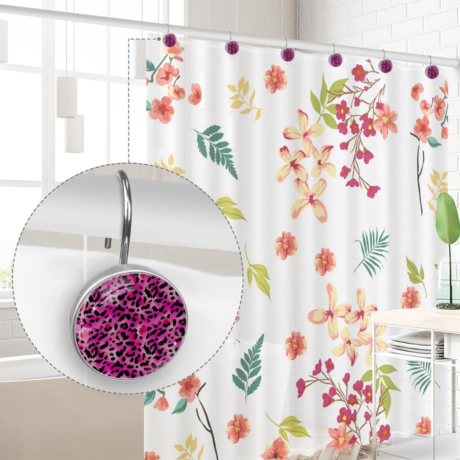 HemaKayy 12 Pcs Shower Curtain Hooks Bathroom Decorative Accessories Pink Kiss Leopard Pattern