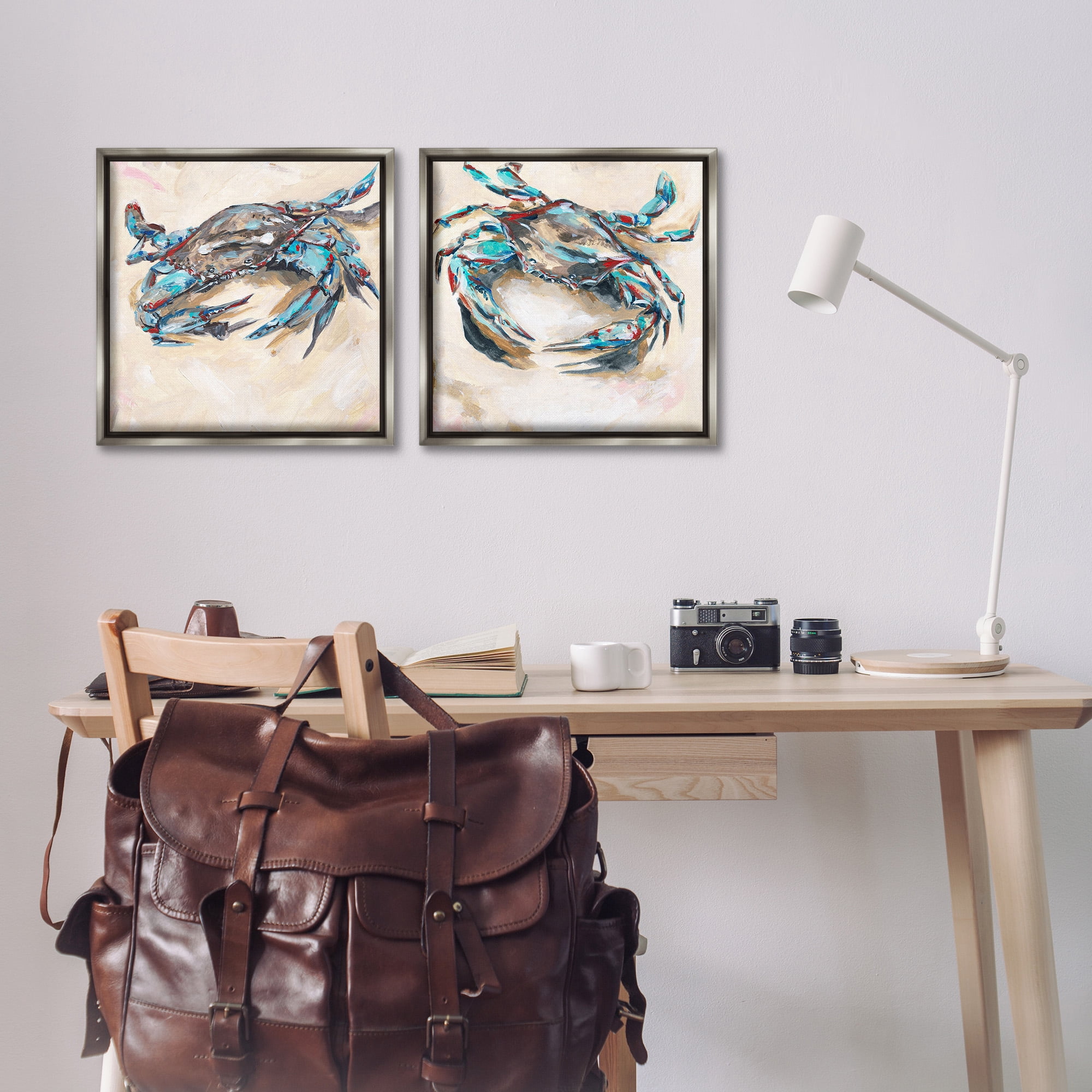 Stupell Industries Blue Crabs on Sand Animals & Insects Painting Gray Floater Framed Canvas Art Print Wall Art, 18 x 18, Set of 2
