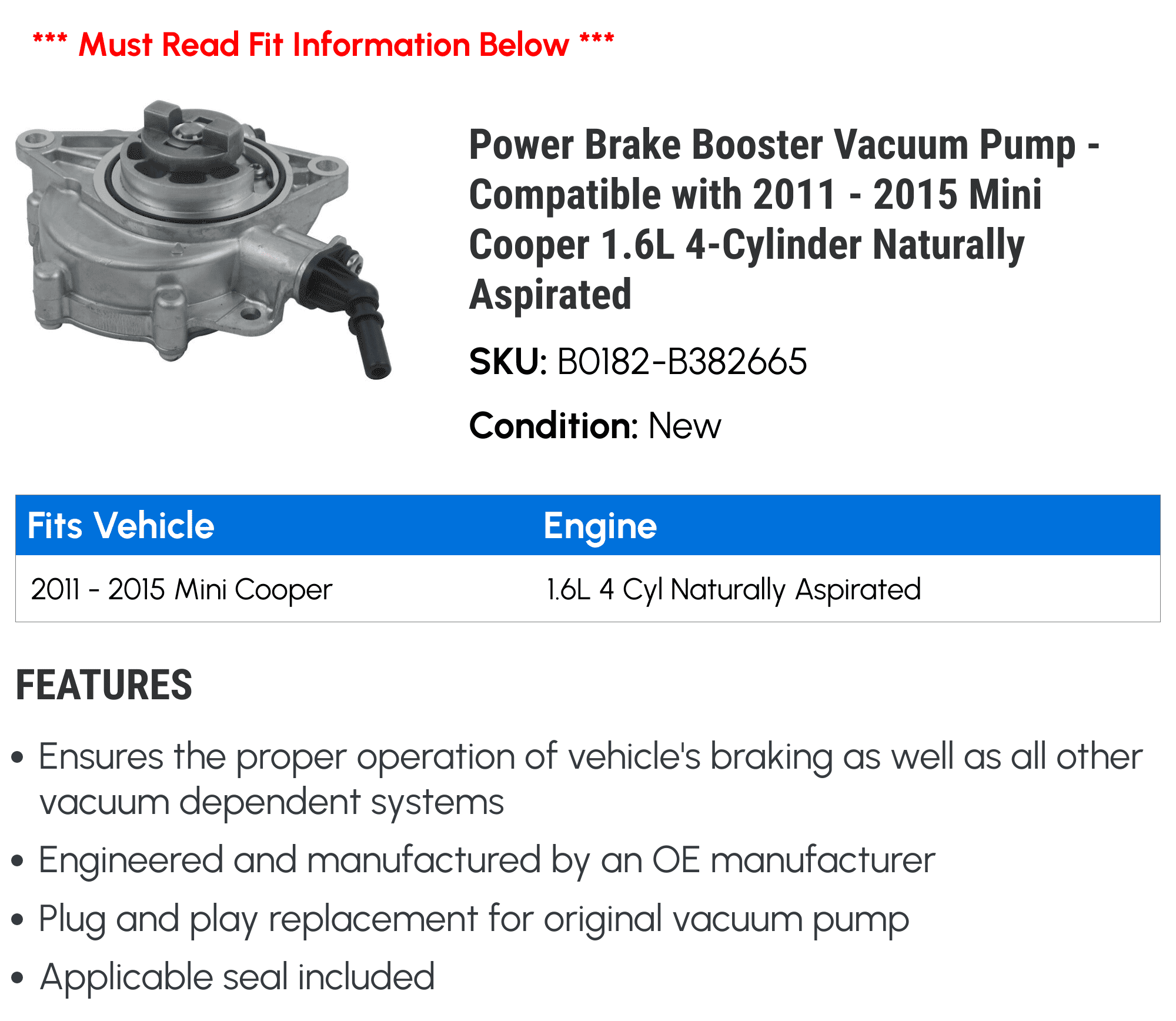 Power Brake Booster Vacuum Pump - Compatible with 2011 - 2015 Mini Cooper 1.6L 4-Cylinder Naturally Aspirated 2012 2013 2014