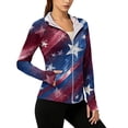 thumbnail image 2 of 250th Anniversary Patriotic Hoodie for Women - Vintage American Flag Sun Protection Jacket with Pockets, Full Zip Up Long Sleeve Athletic Cover Up for Independence Day Vermilion XL, 2 of 6