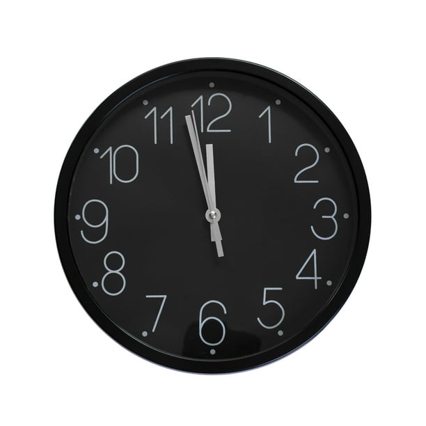 Reloj de Pared QZ Negro Silencioso Manecillas Plata 30 cms x cms