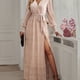 thumbnail image 4 of Vestido de mujer con lunares y lentejuelas, vestido de noche largo elegante sexy con escote en V, manga larga, cintura alta, abertura, vestido maxi con cinturón, 4 of 7