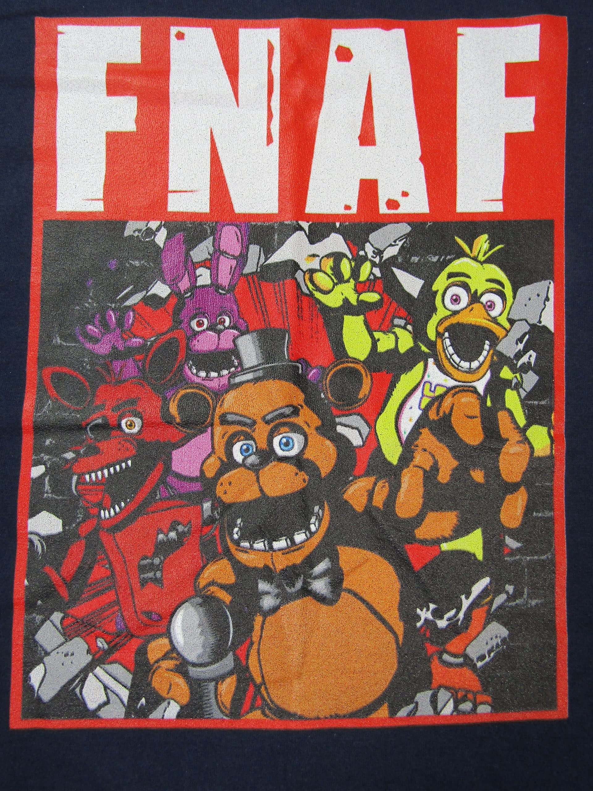 Bioworld Five Nights at Freddy's Group Image in Red Frame Layout  Screen Print on Navy Blue Tee-S