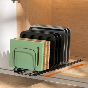 Housolution Pull Out Pot and Pan Organizer,Slide Out Baking Tray and Cutting Board Pan Organizer Rack with 10 Adjustable Dividers, Black