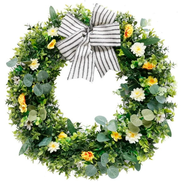 Spring Front Door Wreath Beautiful Green Handcrafted Wreath Artificial Floral Wreath Spring Summer Wreaths Front Door Fake Flower Wreath Green Wall Window Hanging Decor 18 Inch