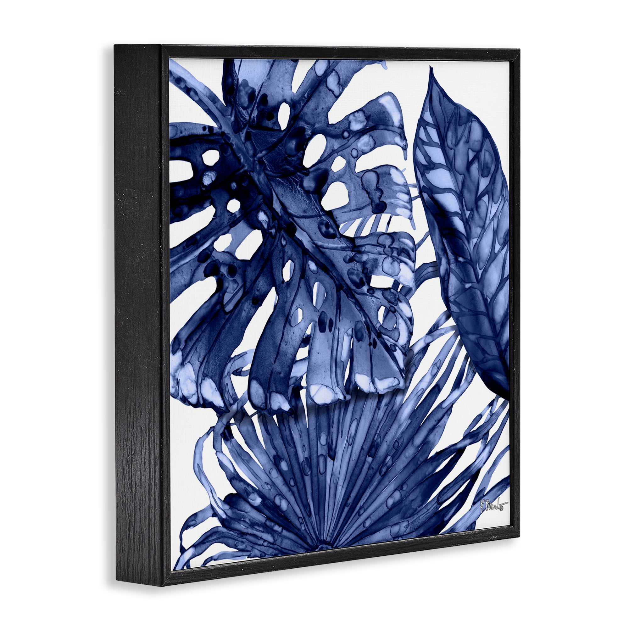 Stupell Industries Blue Hued Palms Botanical & Floral Painting Black Framed Art Print Wall Art, 17 x 17