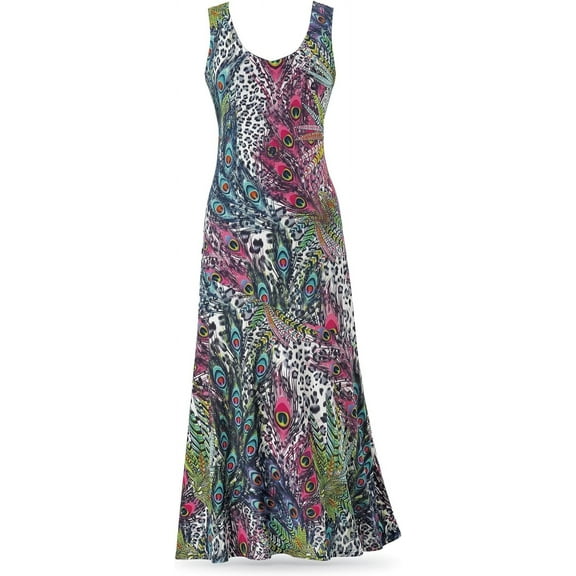 Animal and Feather Print Long Maxi Dress for Women, Lightweight Sleeveless Summer Sundress - Medium