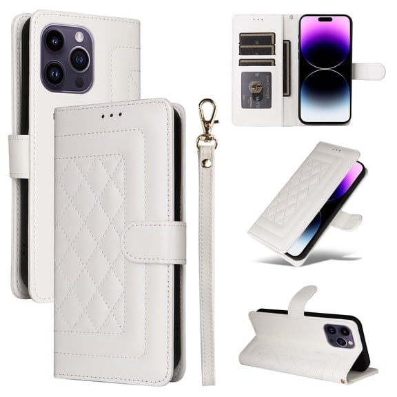 Compatible with iPhone 13 Pro Max Case, Premium Leather iPhone 13 Pro Max Wallet Book Case Magnetic Flip RFID Blocking Credit Card Holder Kickstand with Wrist Strap Shock Absorbing Case, White