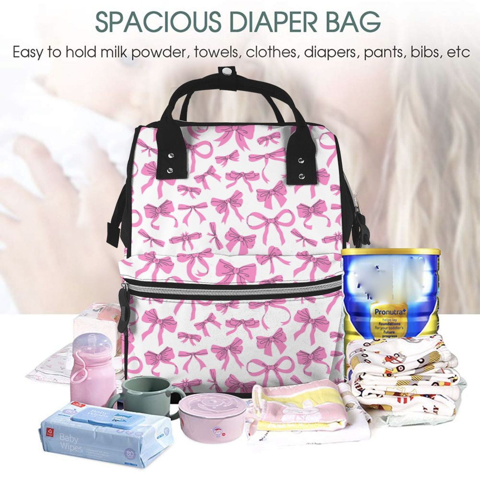 Fuzoiu Pink bows Print Diaper Bag Backpack,Baby Essentials Travel Tote,Multi function Waterproof Diaper Bag, Travel Essentials Baby Bag - Unisex