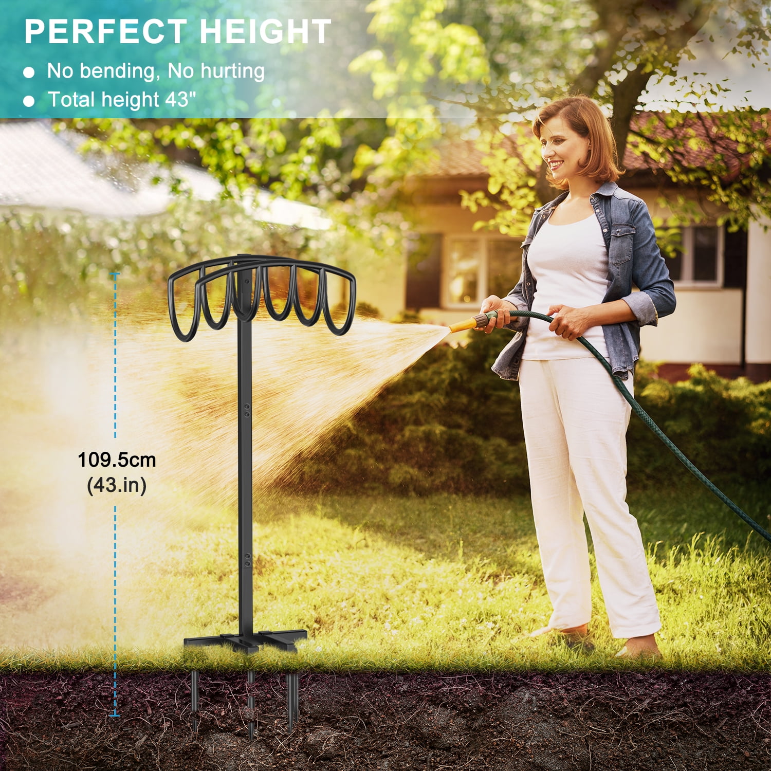 Garden Hose Holder Water Hose Stand Freestanding Metal Hose Hanger, 4-Prongs Base Detachable Heavy Duty Hose Storage Stand for Outdoor