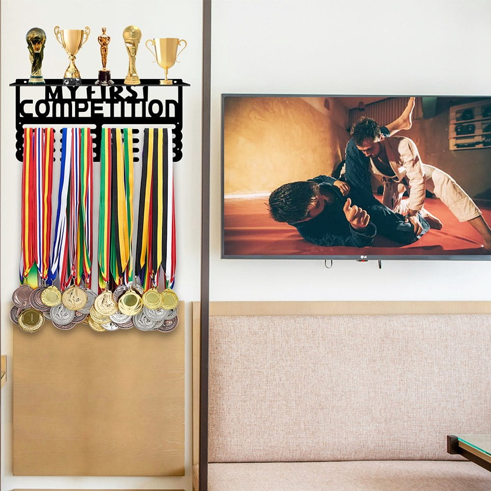 My First Competition Medal and Trophy Display Rack with Hook Medal Hanger Medal Frame with Trophy Shelf Organizer Over 60+ Medals Awards
