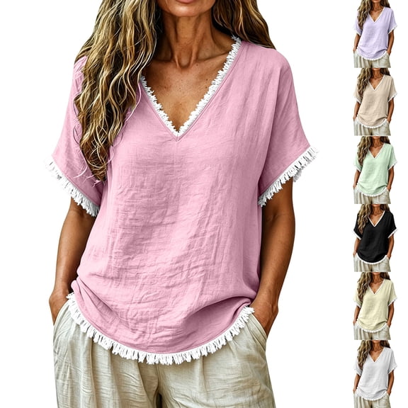 Favoffer Women's Tassel V Neck Tops Short Sleeve Linen Blend Casual Blouses for Spring Summer Everyday Wear