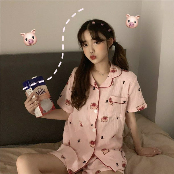 CoCopeaunt Pajamas with Shorts Pyjamas Summer Suit for Women Korean Style Kawaii Pig Print Pijamas Teen Home Clothes - Walmart.com