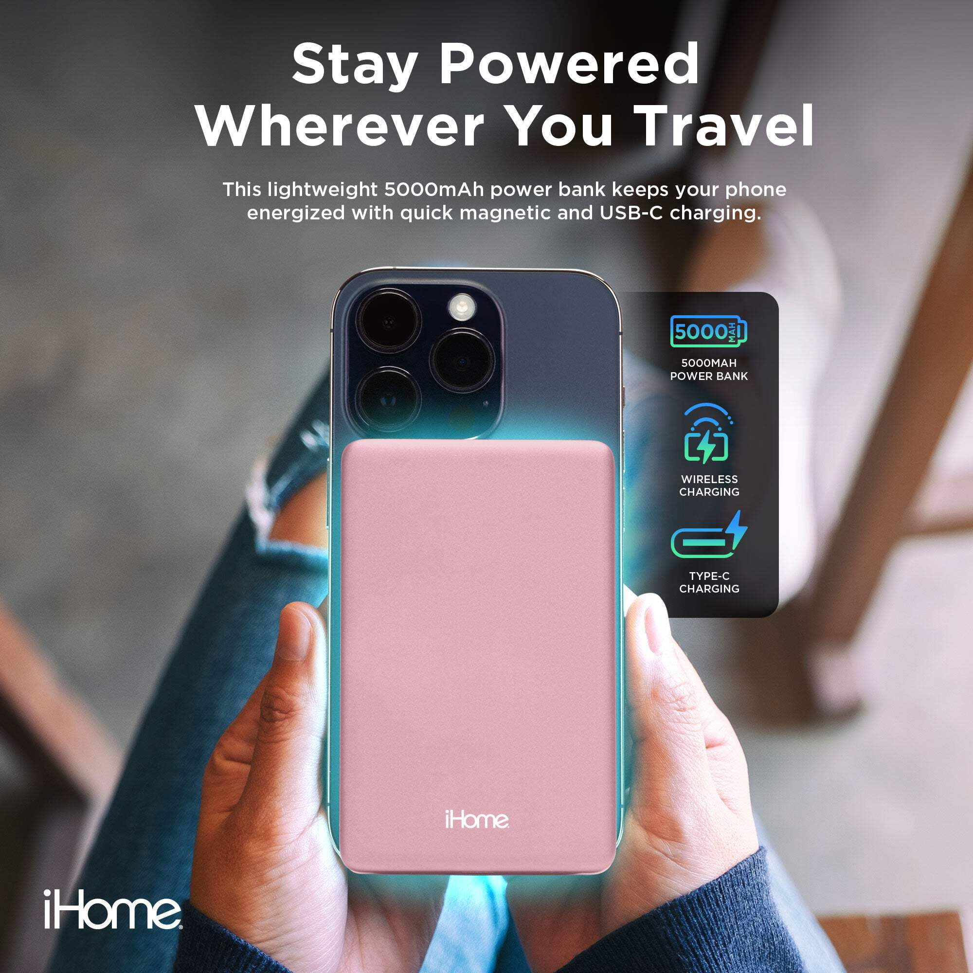 iHome 5000mAh Magnetic Portable Power Bank, Wireless Charging, USB-C Input/Output, MagSafe Compatible for iPhone 12 & Newer