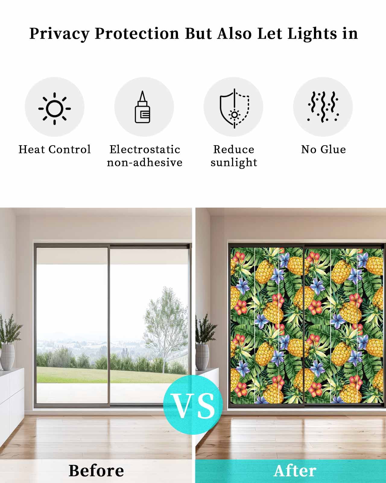 Window Privacy Film Pineapple Stained Glass Window Film Decorative Sun Block Window Cover Summer Fruit Green Tropical Palm Leaves Window Clings Static Adhesive Sticker for Bathroom 19.6"x39.3"