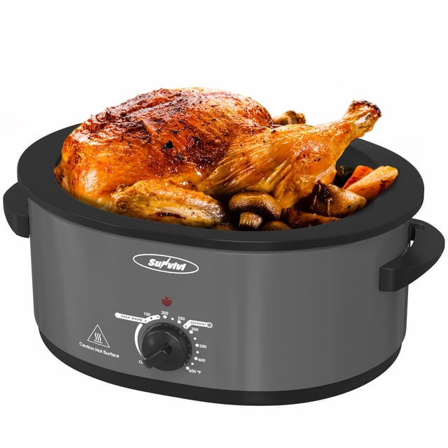 Olla de cocción lenta SUNVIVIPRO con tapa autoadhesiva, horno eléctrico para asar pavos con bandeja y rejilla extraíbles, acero inoxidable, gris, 8 cuartos de galón